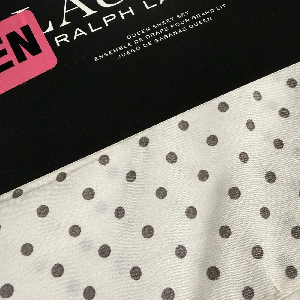 NEW Ralph Lauren QUEEN 4PC Sheet Set White Grey Polka Dots 100% Cotton ExtraDeep